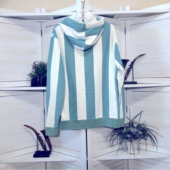 Urban Outfitters Striped Hooded Sweatshirt Blue Cream Medium - Picture 2 of 5